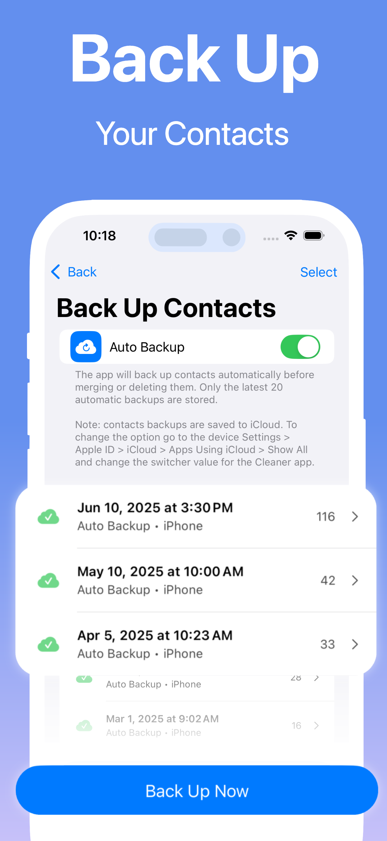 Backup Contacts View Screenshot